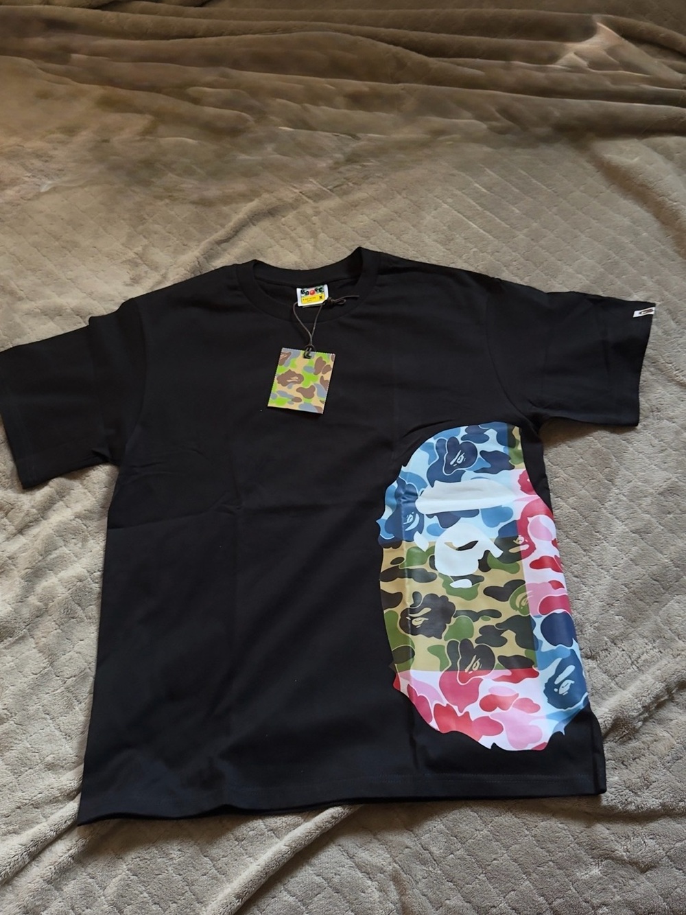 Black Men's Graphic Tee with Multicolor Camo Ape Print